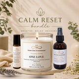 Calm Reset bundle with a candle, roller bottle, and spray bottle on a neutral background.