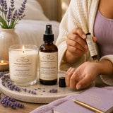Calm Reset Ritual self-care experience featuring Lavender Drift candle, Lavender Elixir Room & Linen Spray, and Lavender Elixir Essential Oil Roller for a relaxing aromatherapy routine.