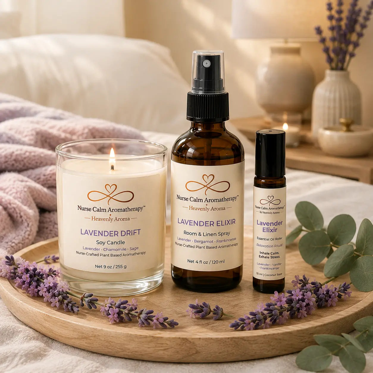 Calm Reset Ritual wellness bundle styled in a cozy self-care setting with Lavender Drift candle, Lavender Elixir aromatherapy products, tea, and a journal.