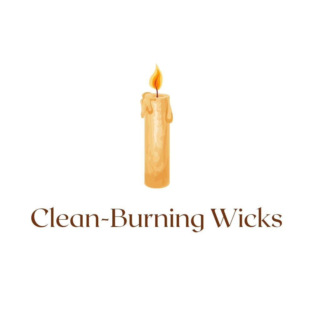 Candle with a lit wick on a white background with 'Clean-Burning Wicks' text.