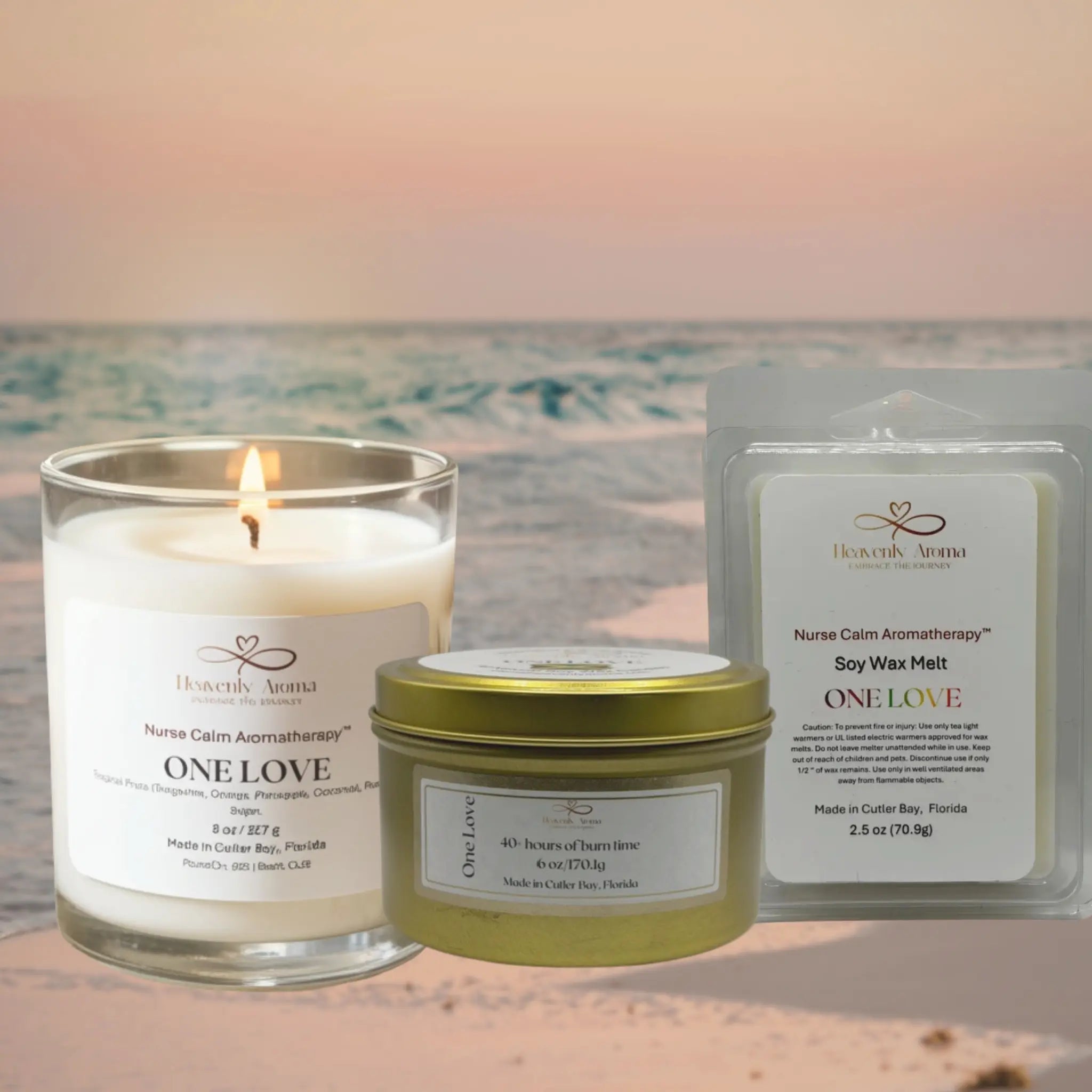 Candle, jar, and wax melt packaging with 'One Love' branding on a soft background.