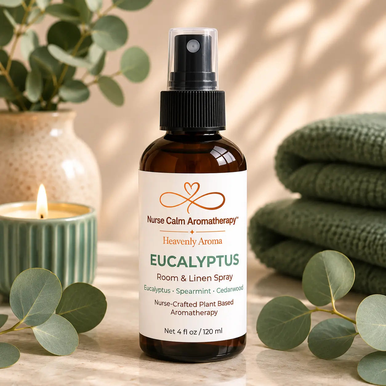 Eucalyptus Room & Linen Spray by Nurse Calm Aromatherapy™ featuring eucalyptus, spearmint, and cedarwood in a luxury spa setting.