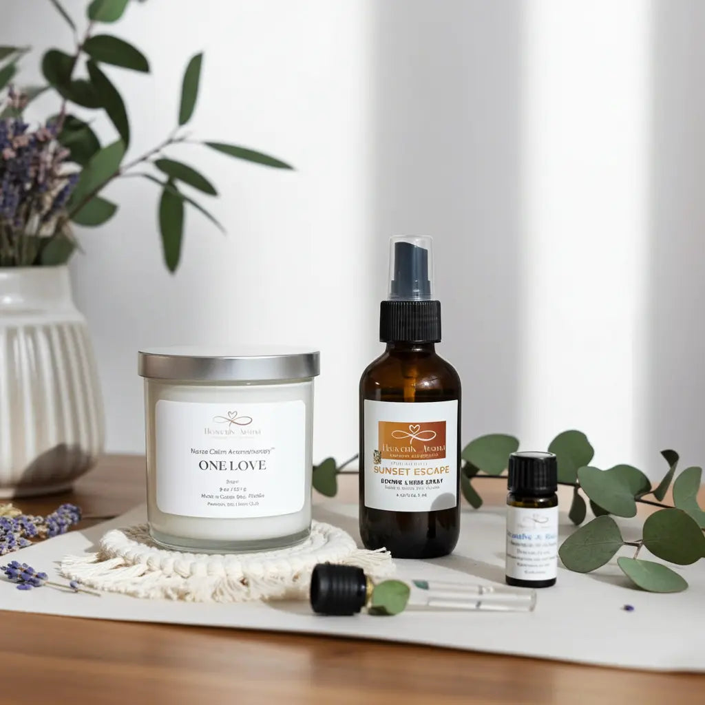 Candle, essential oil bottle, and spray bottle on a wooden surface with greenery in the background