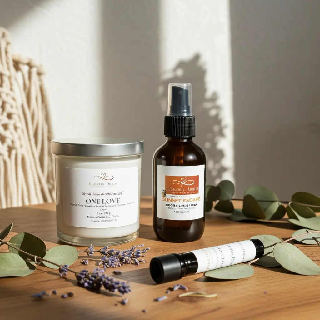 Three natural products on a wooden surface with greenery