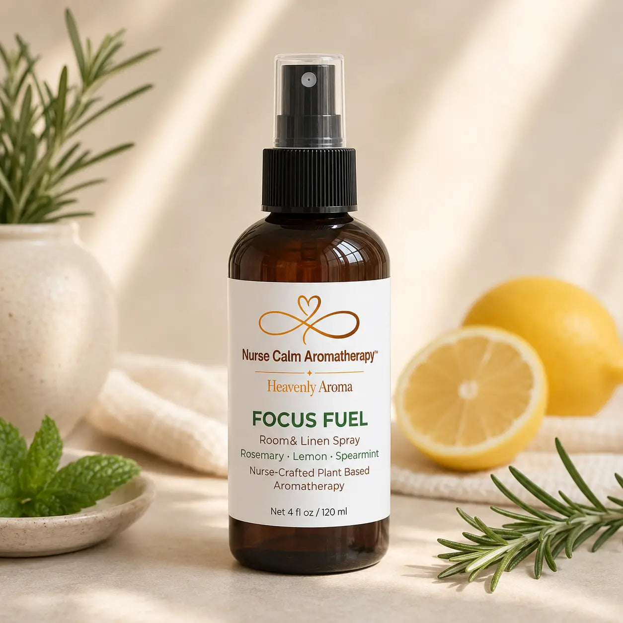 Focus Fuel Room & Linen Spray by Nurse Calm Aromatherapy™ featuring rosemary, lemon, and spearmint in a luxury spa setting.