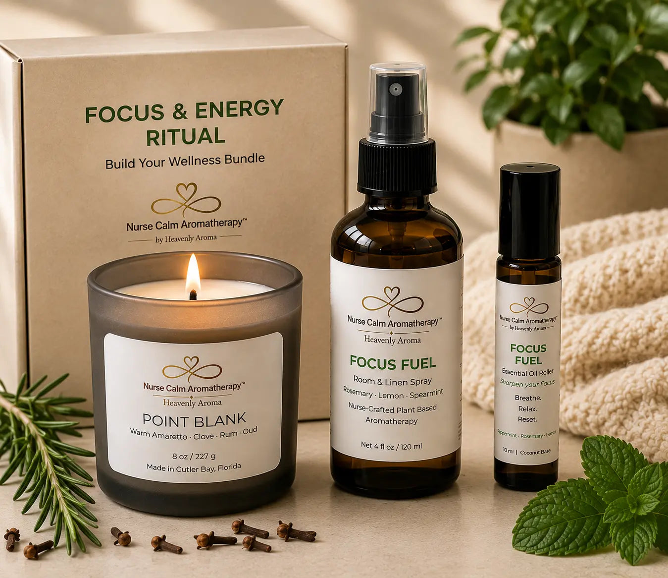 Focus & Energy Ritual bundle contents including Point Blank soy candle, Focus Fuel Room & Linen Spray, and Focus Fuel Essential Oil Roller.