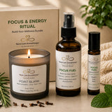 Focus & Energy Ritual bundle contents including Point Blank soy candle, Focus Fuel Room & Linen Spray, and Focus Fuel Essential Oil Roller.