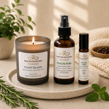 Focus & Energy Ritual wellness bundle featuring Point Blank soy candle, Focus Fuel Room & Linen Spray, and Focus Fuel Essential Oil Roller by Nurse Calm Aromatherapy.