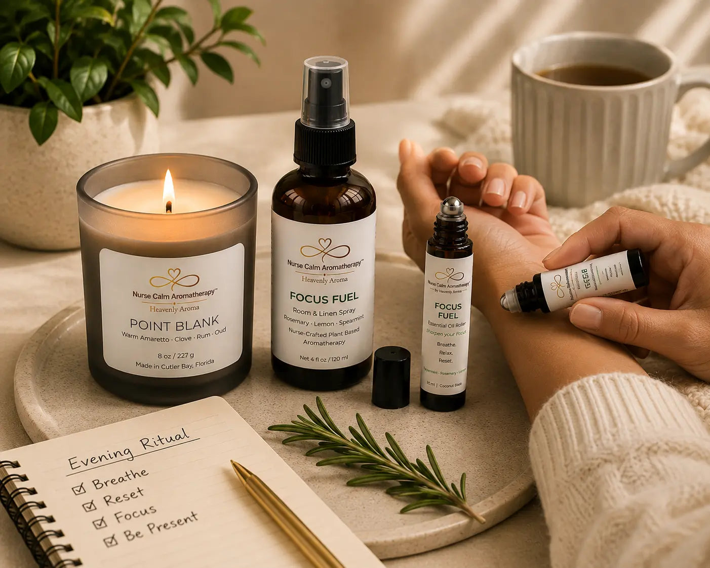 Focus & Energy Ritual featuring Point Blank candle, Focus Fuel Room & Linen Spray, and Focus Fuel Essential Oil Roller used as part of a daily focus and productivity routine.