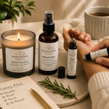 Focus & Energy Ritual featuring Point Blank candle, Focus Fuel Room & Linen Spray, and Focus Fuel Essential Oil Roller used as part of a daily focus and productivity routine.