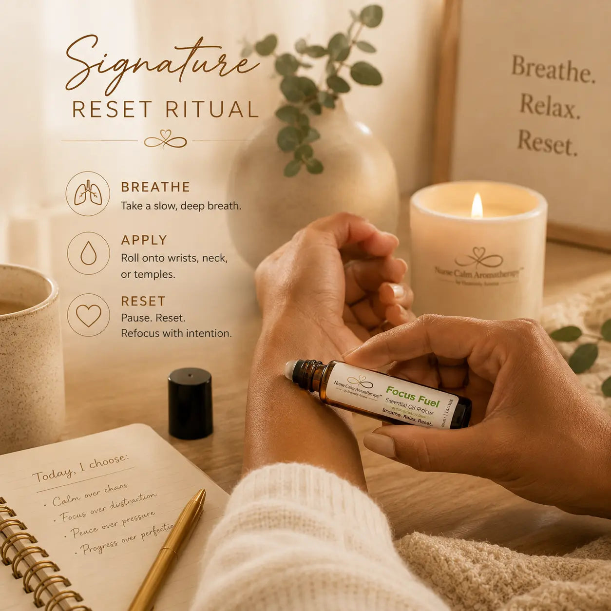 Focus Fuel Essential Oil Roller featured in the Nurse Calm Aromatherapy Signature Reset Ritual to encourage focus and clarity.