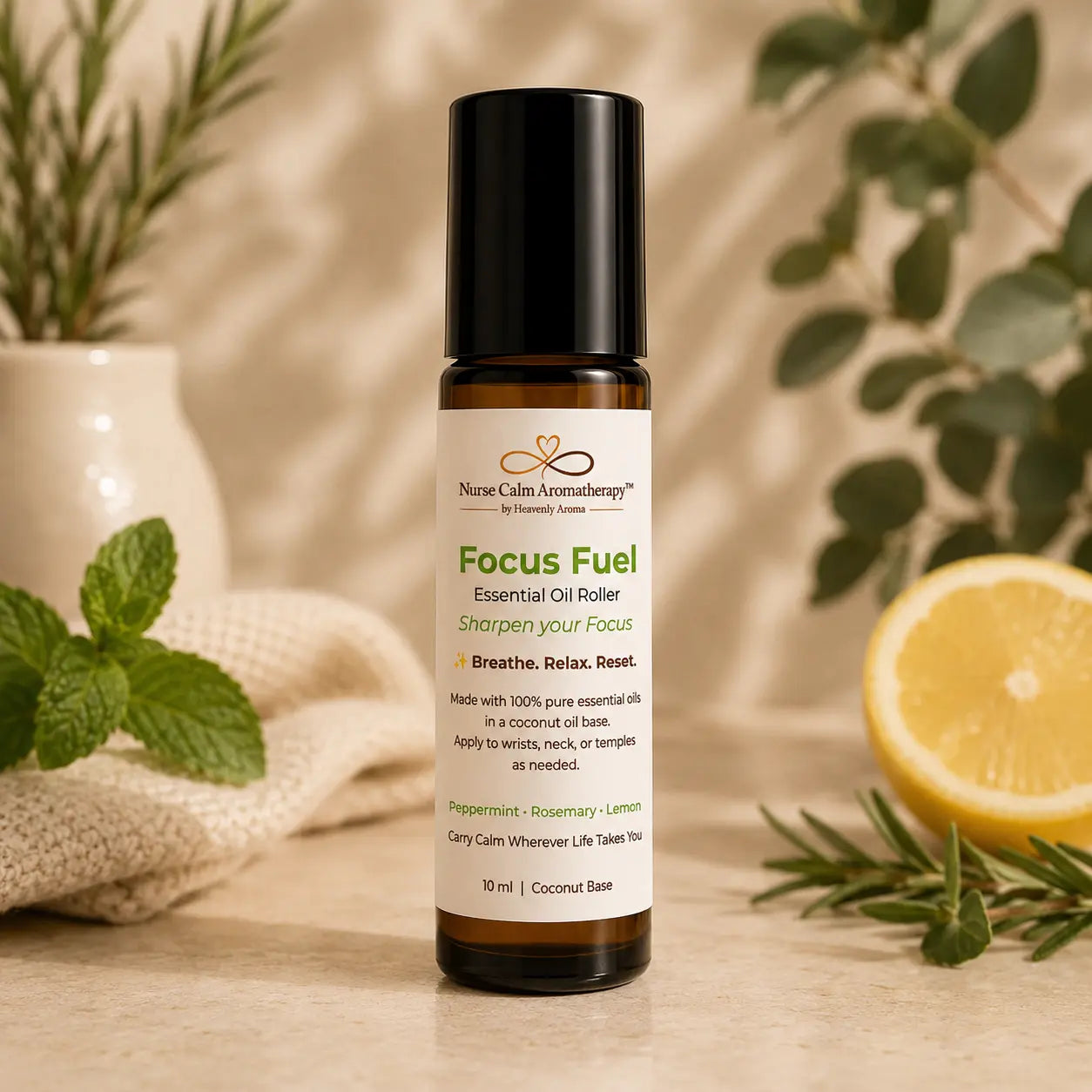 Focus Fuel Essential Oil Roller by Nurse Calm Aromatherapy with peppermint, rosemary and lemon in a luxury spa setting.