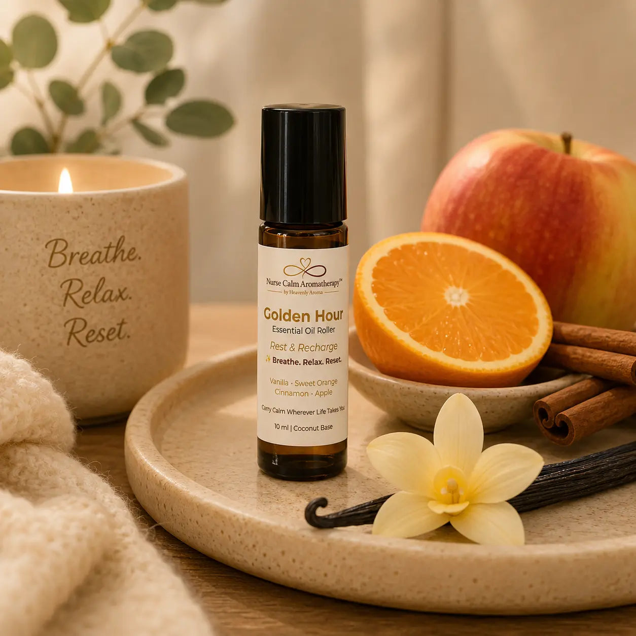 Golden Hour Essential Oil Roller by Nurse Calm Aromatherapy with sweet orange, bergamot and vanilla in a luxury spa setting.