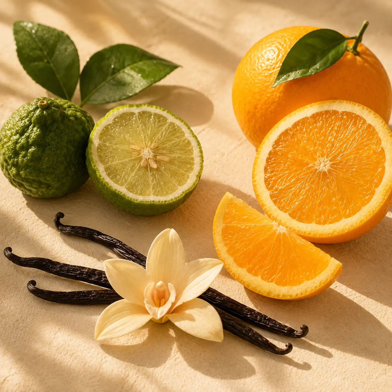 Fresh sweet orange, bergamot citrus and vanilla beans displayed as the botanical ingredients of Golden Hour Essential Oil Roller.