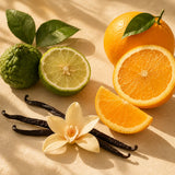 Fresh sweet orange, bergamot citrus and vanilla beans displayed as the botanical ingredients of Golden Hour Essential Oil Roller.