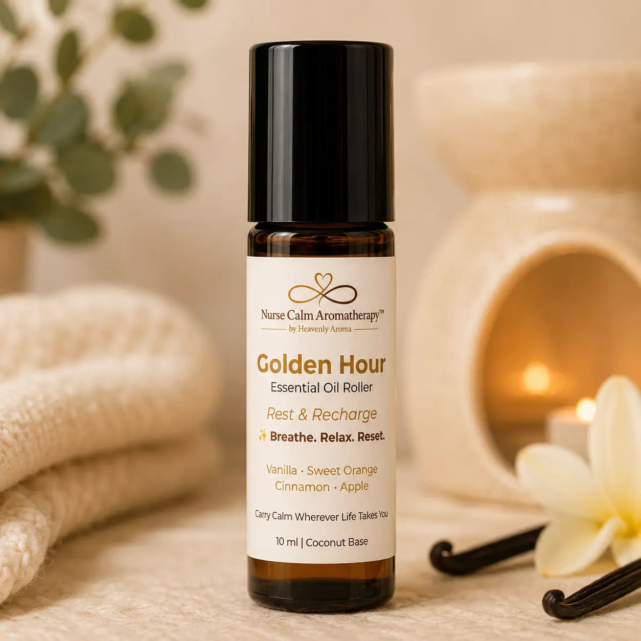Close-up of Golden Hour Essential Oil Roller featuring sweet orange, bergamot and vanilla in a 10 ml amber glass bottle.