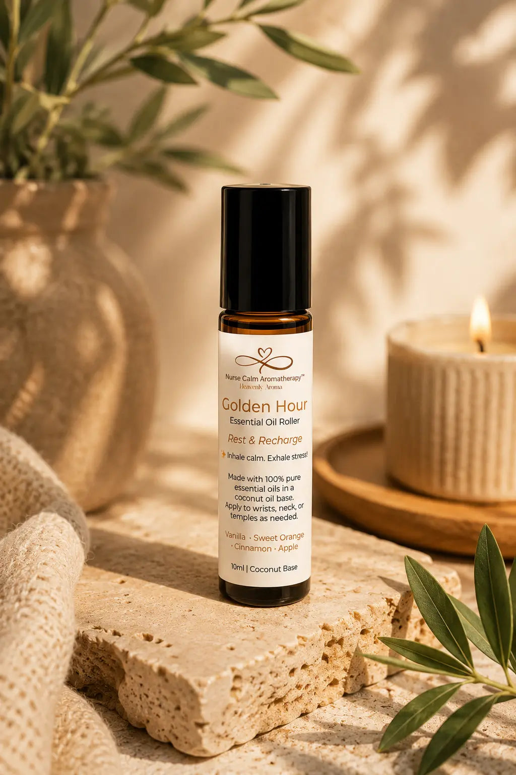 Essential oil roller bottle labeled 'Golden Hour' on a textured surface with plants and a candle in the background.