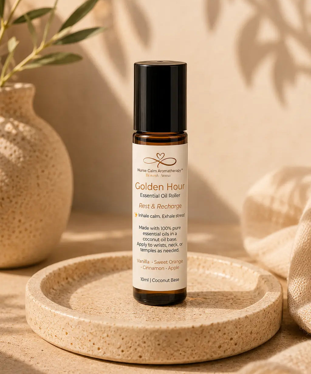 Essential oil roller bottle labeled 'Golden Hour' on a cork tray with a natural background