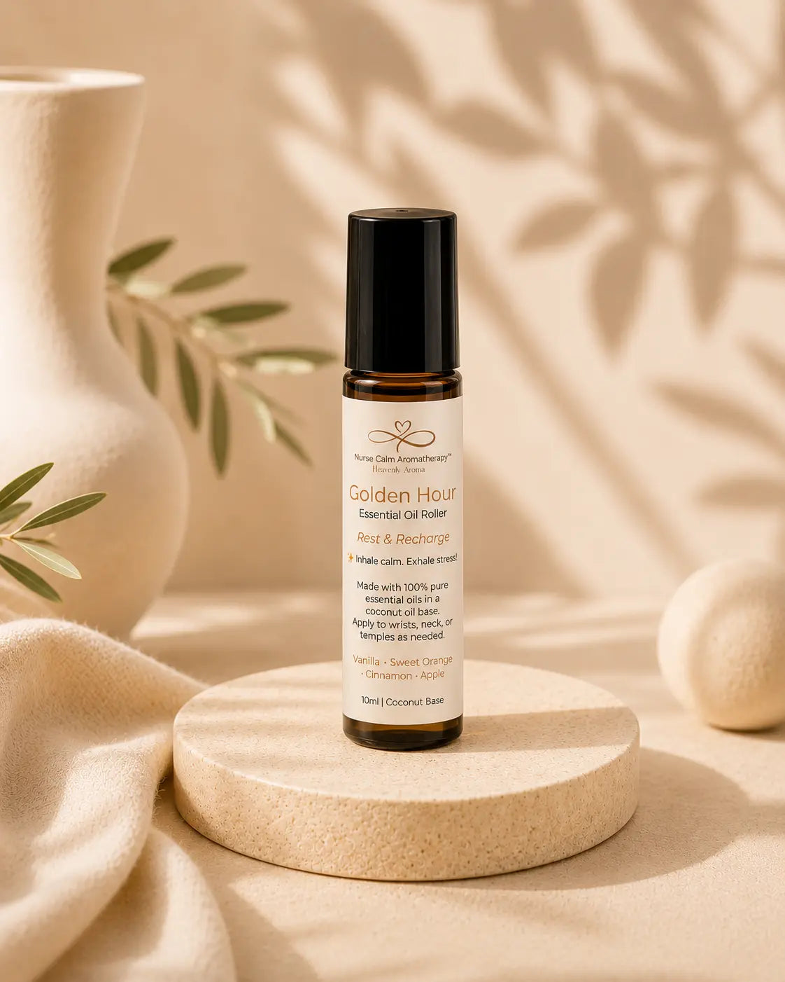 Roll-on bottle of 'Golden Hour' essential oil roller on a wooden platform with a neutral background