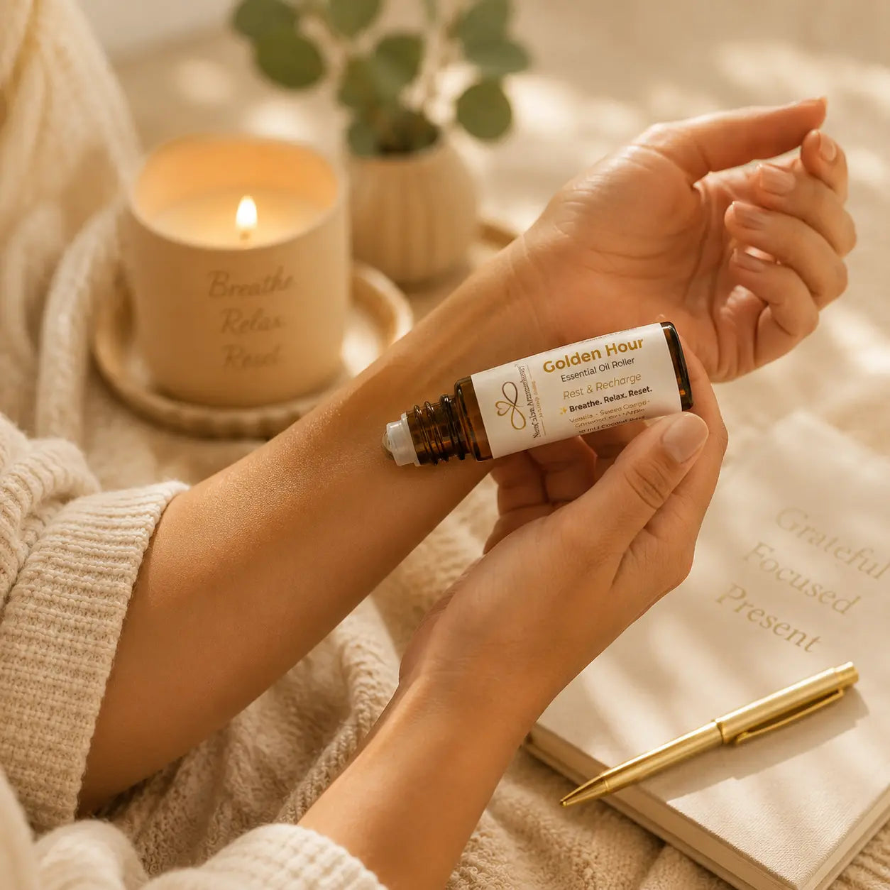 Person applying Golden Hour Essential Oil Roller to the wrist during a calming evening self-care ritual.