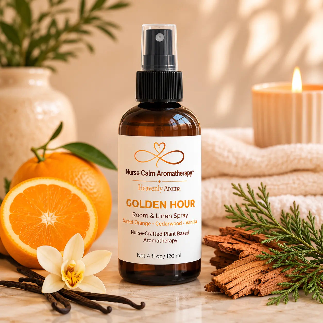 Golden Hour Room & Linen Spray by Nurse Calm Aromatherapy™ featuring sweet orange, cedarwood, and vanilla in a luxury spa setting.