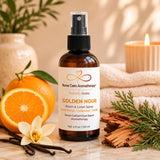 Golden Hour Room & Linen Spray by Nurse Calm Aromatherapy™ featuring sweet orange, cedarwood, and vanilla in a luxury spa setting.