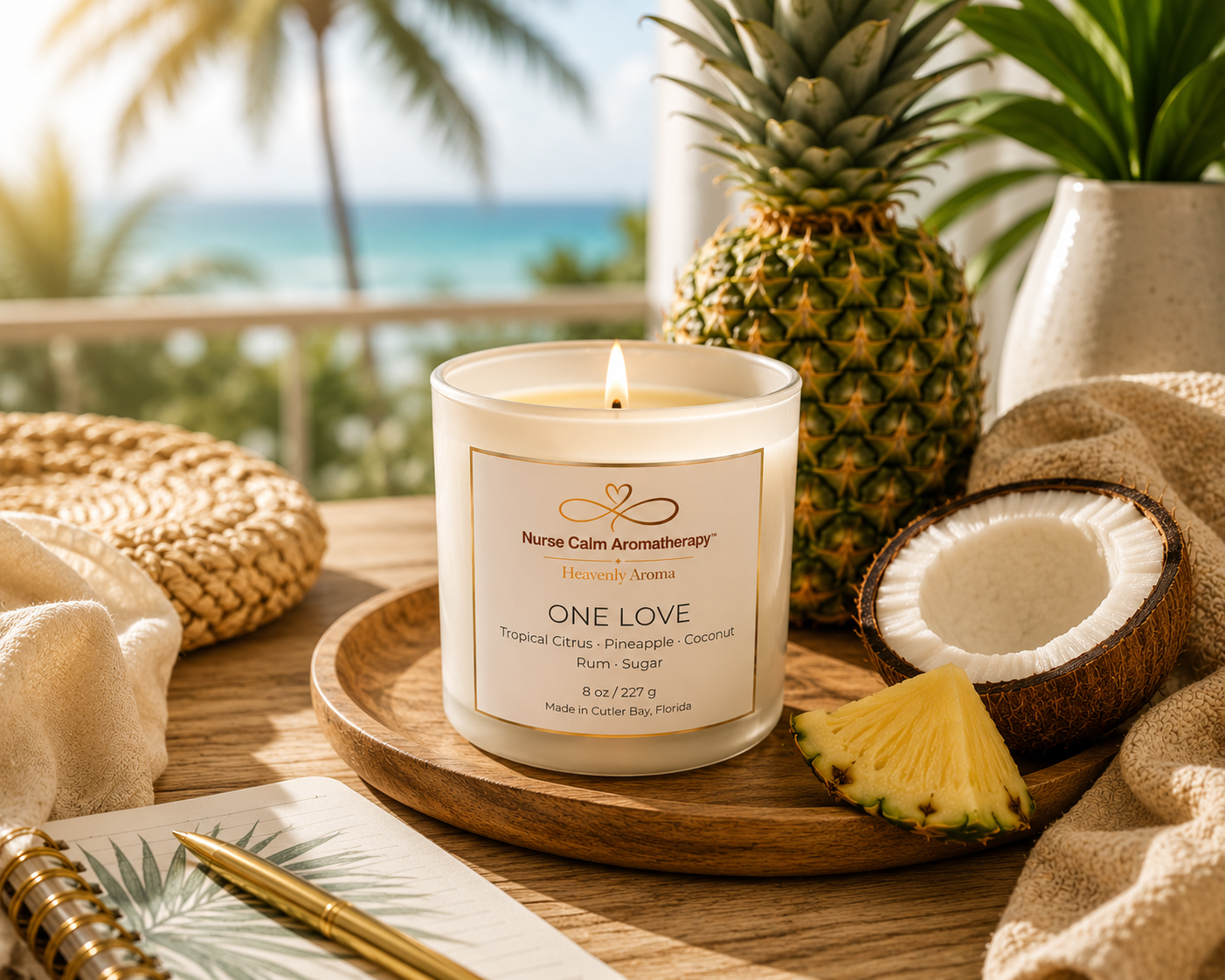 Candle labeled 'One Love' by Nurse Calm Aromatherapy on a wooden table with a pineapple and coconut, set against a beach backdrop.