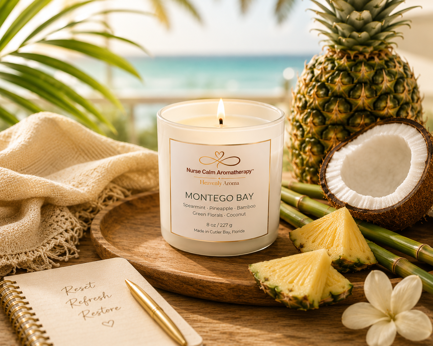 Candle labeled 'Montego Bay' with pineapple, coconut, and bamboo on a wooden surface with a beach background.