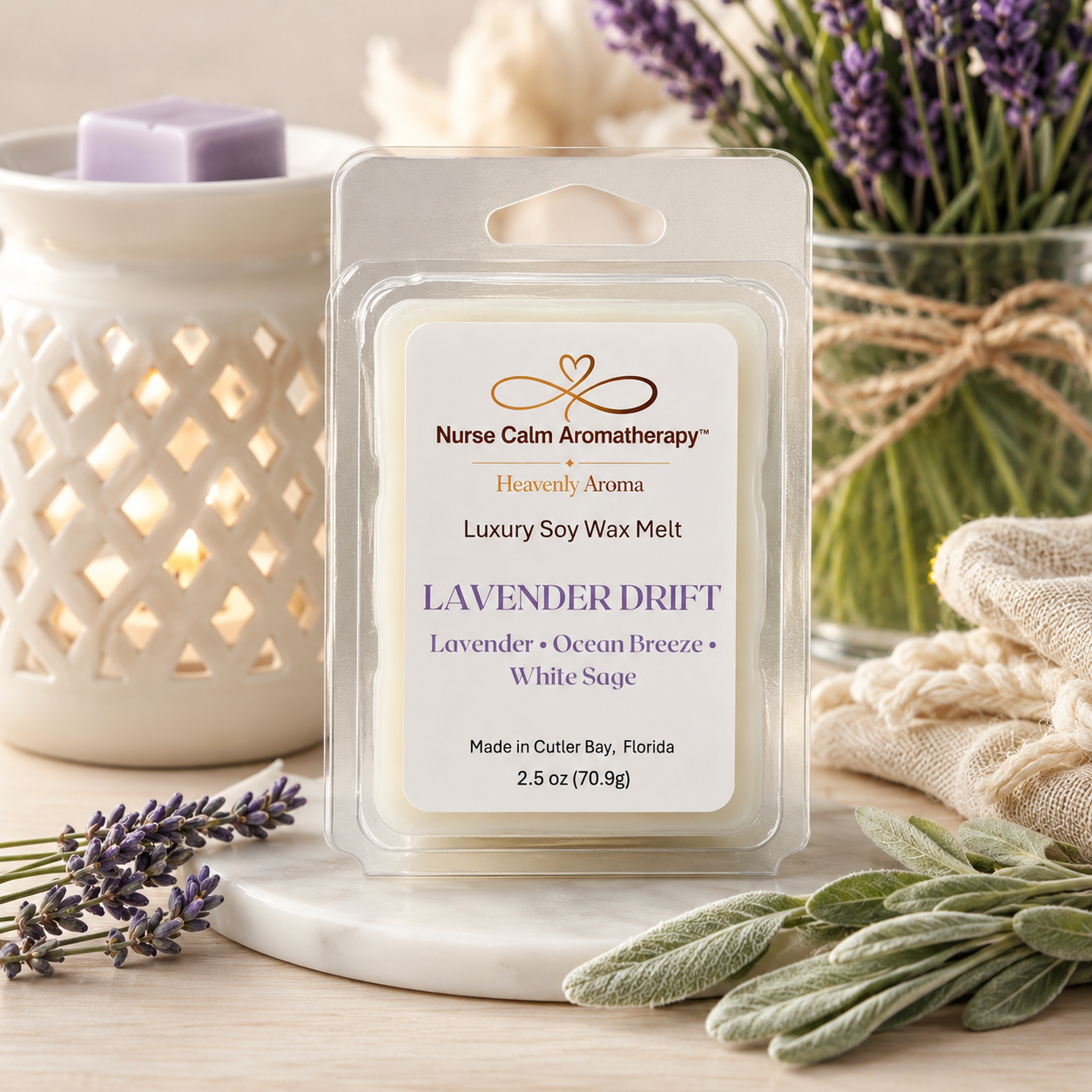 Nurse Calm Aromatherapy lavender drift soy wax melt with a candle and lavender flowers in the background.
