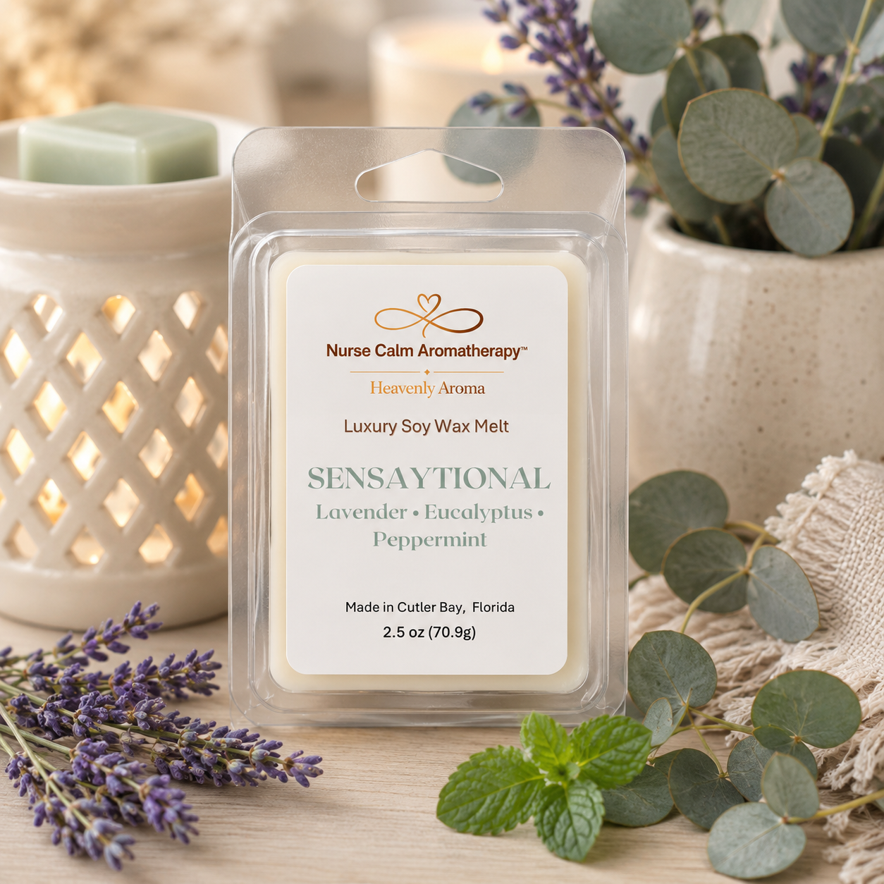 Nurse Calm Aromatherapy wax melt packaging with lavender and eucalyptus leaves on a wooden surface.