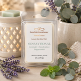 Nurse Calm Aromatherapy wax melt packaging with lavender and eucalyptus leaves on a wooden surface.