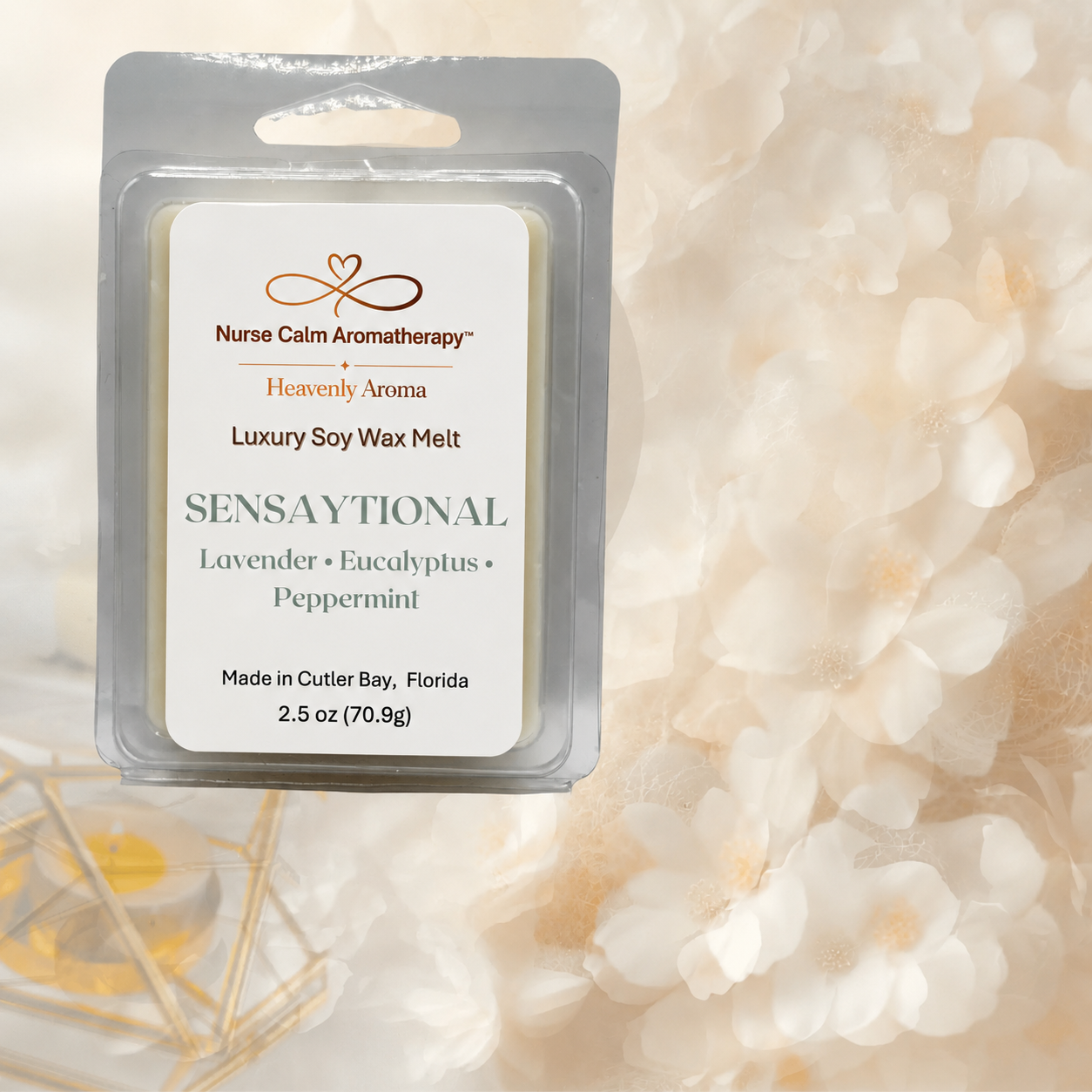 Nurse Calm Aromatherapy wax melt packaging on a soft, blurred floral background