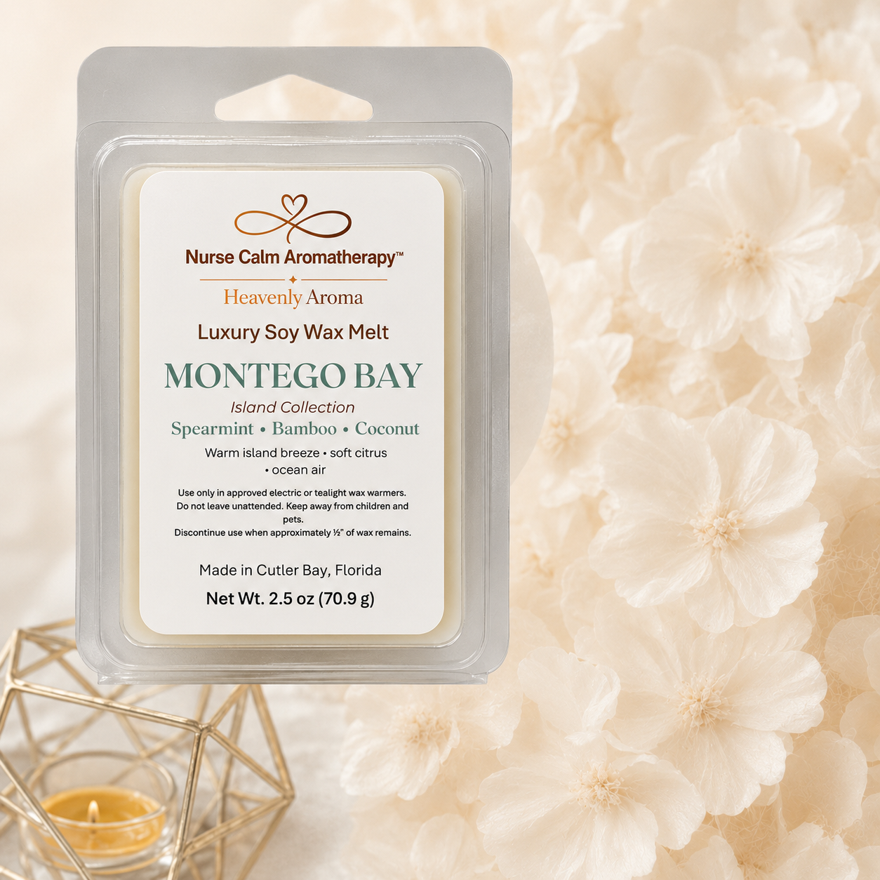 Nurse Calm Aromatherapy Montego Bay soy wax melt packaging on a floral background
