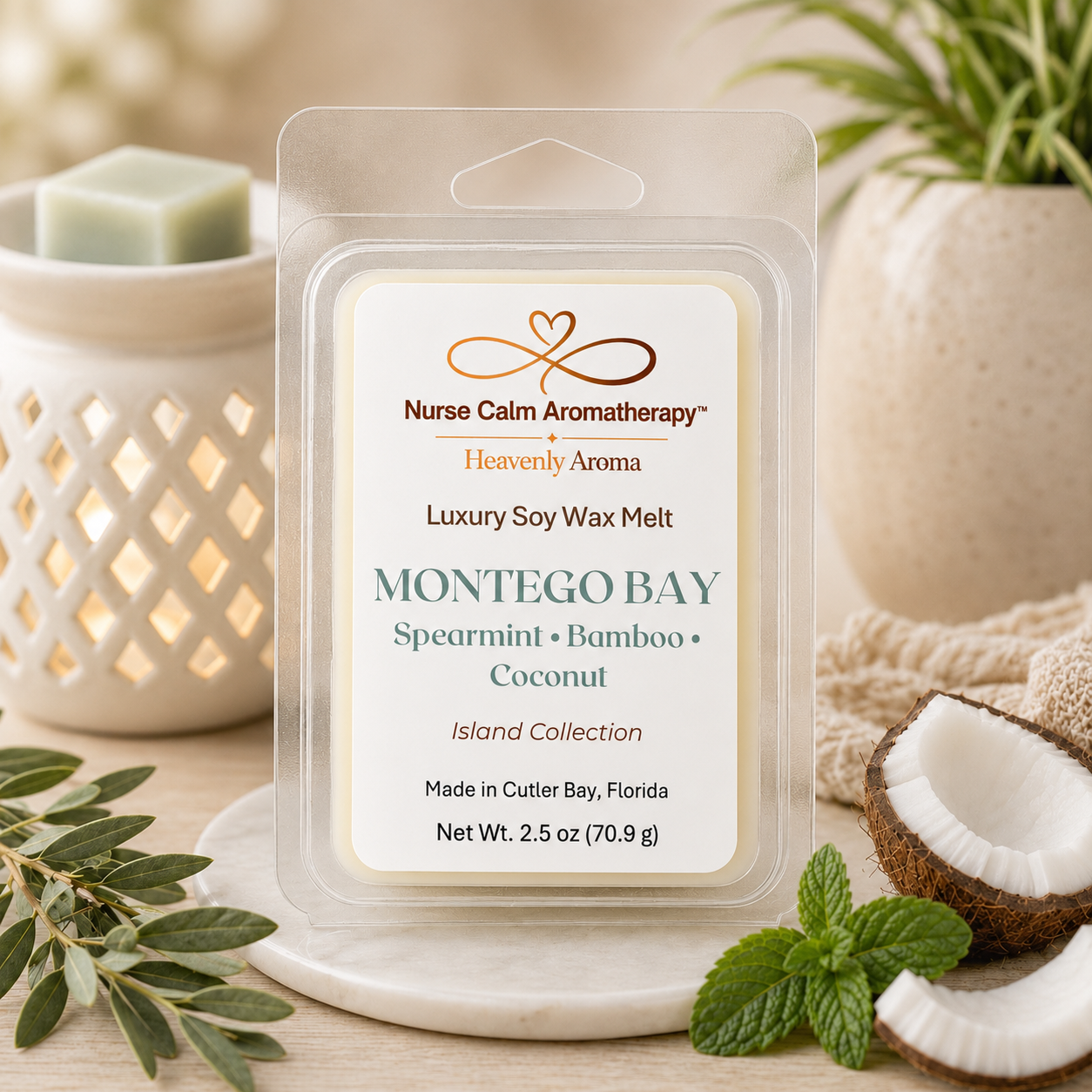 Nurse Calm Aromatherapy wax melt packaging with a candle and coconuts in the background