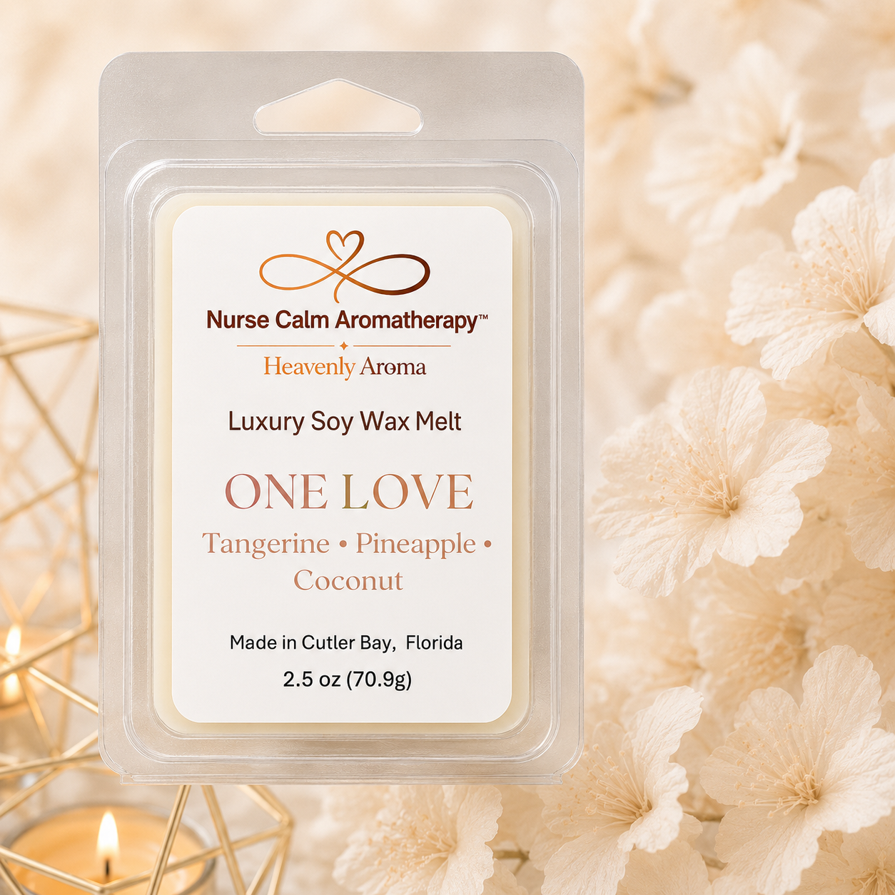 Nurse Calm Aromatherapy wax melt packaging with floral background