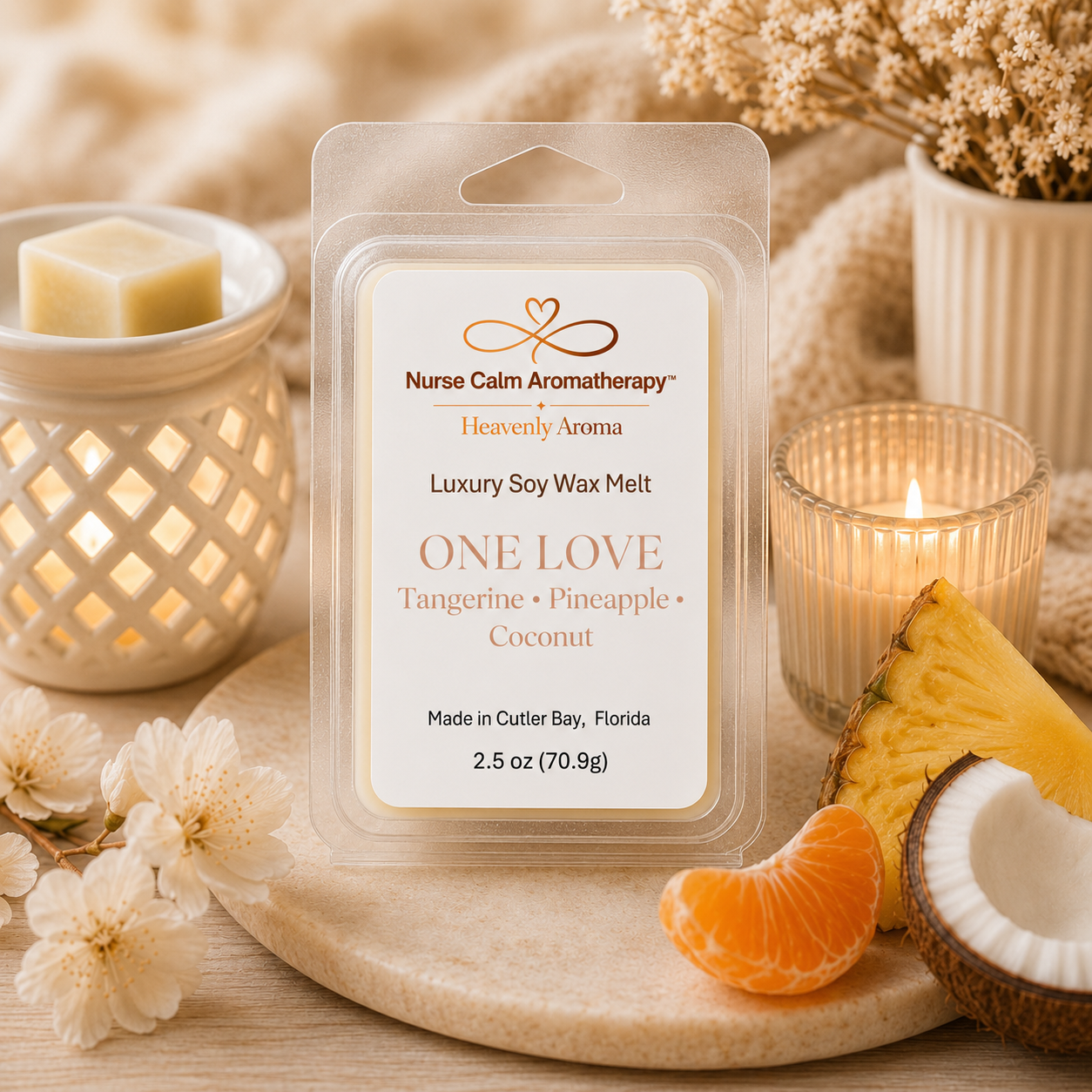 Nurse Calm Aromatherapy wax melt packaging with candles and fruits on a wooden surface