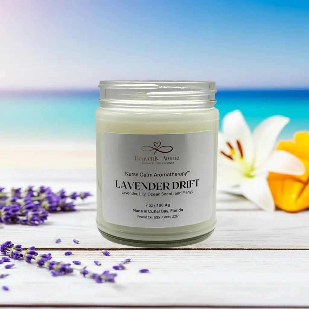 Candle jar labeled 'Lavender Drift' with lavender and flowers on a wooden surface