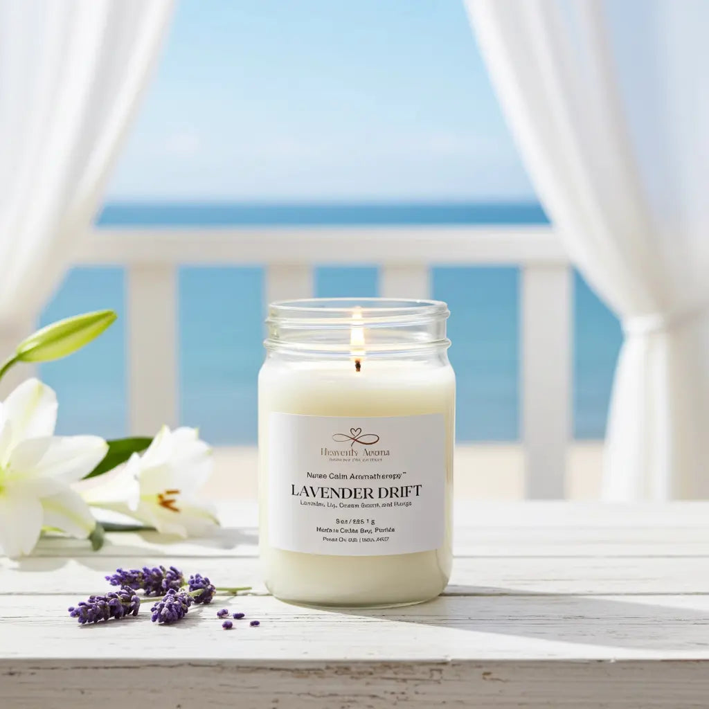 Candle labeled 'Lavender Drift' on a windowsill with flowers and a blue sky.
