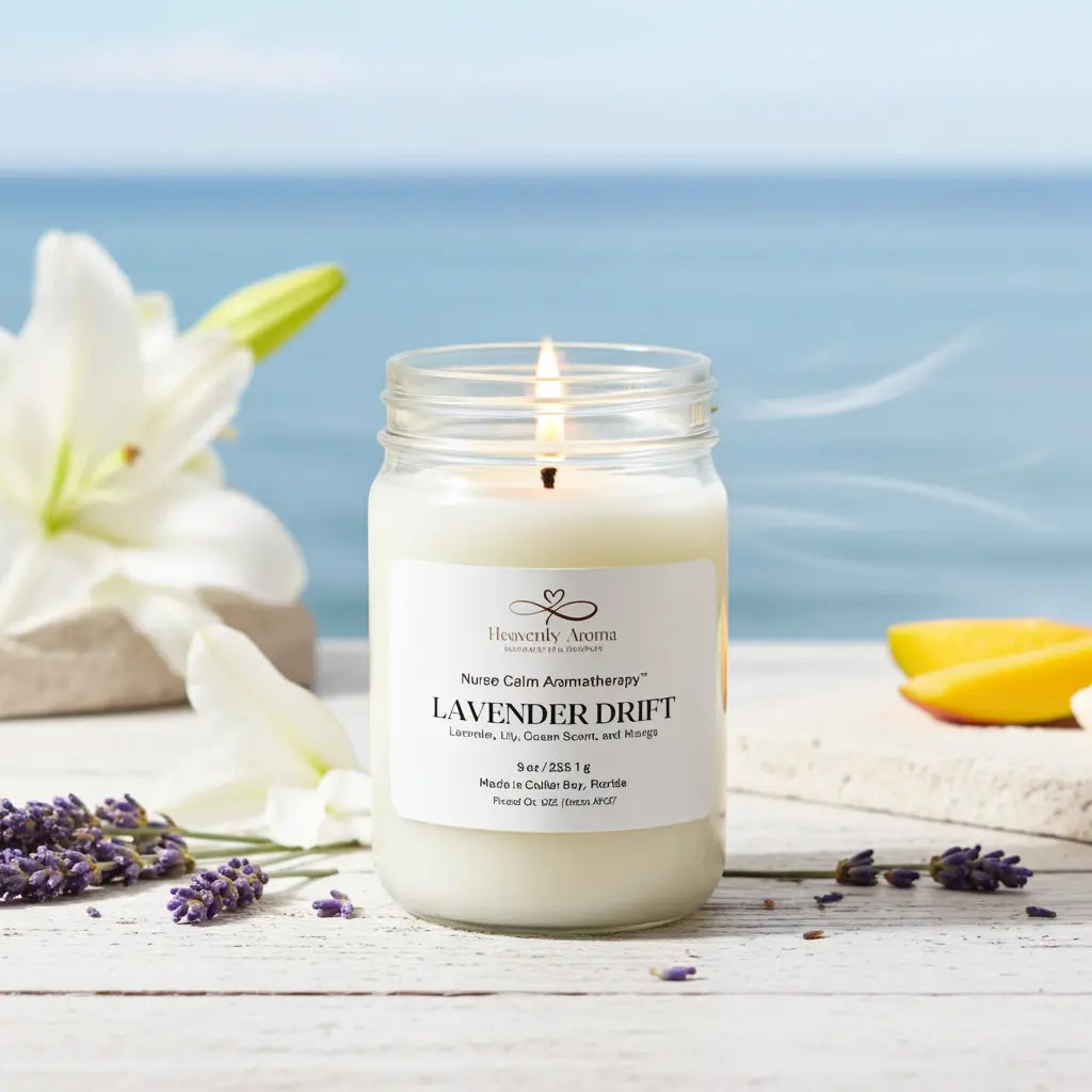 Candle in a jar labeled 'Lavender Drift' with flowers and ocean view in the background