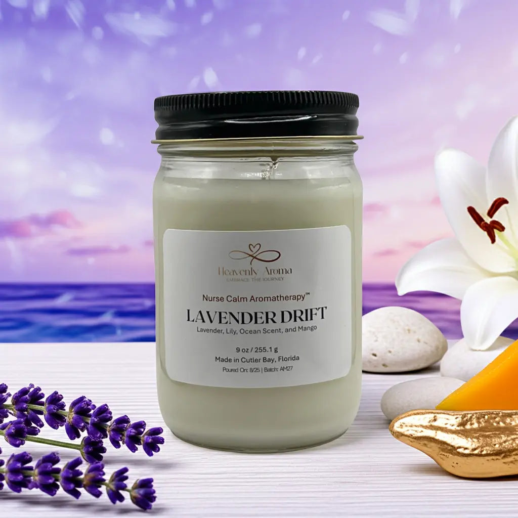 Candle jar labeled 'Lavender Drift' with lavender flowers and stones on a scenic background