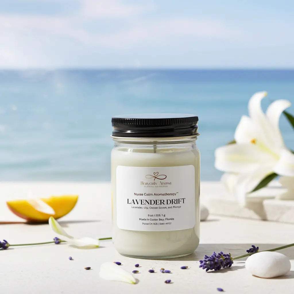 Candle labeled 'Lavender Drift' with a scenic background
