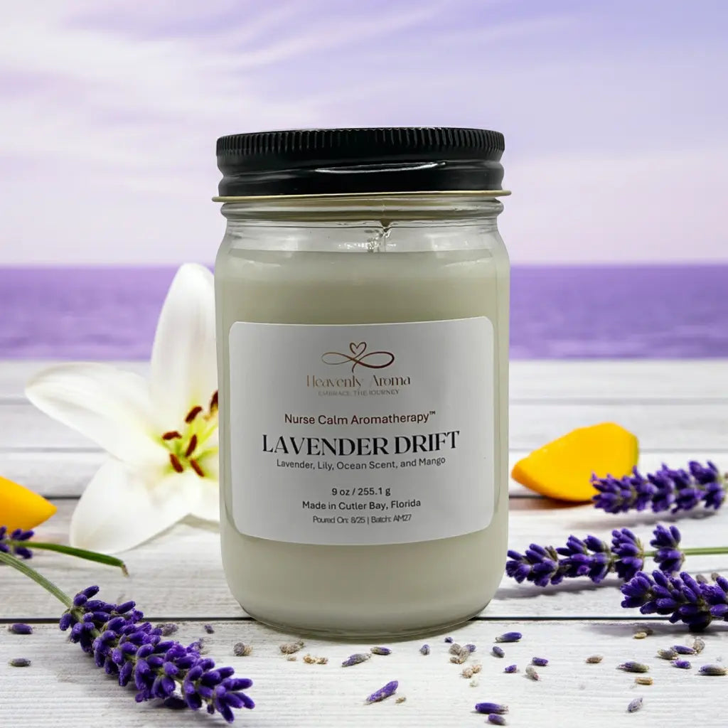 Lavender-scented candle with lavender flowers and a blurred background