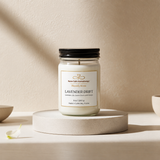 Candle jar labeled 'Lavender Drift' on a neutral background