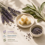 Flat lay featuring lavender sprigs, white sage, ocean-inspired botanicals, and calming natural ingredients representing Lavender Drift.
