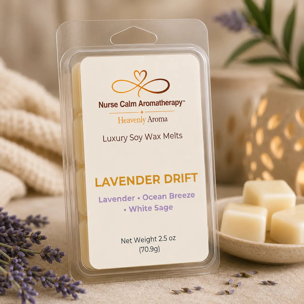 Close-up of Lavender Drift Luxury Soy Wax Melts highlighting handcrafted soy wax cubes and premium packaging inspired by calming botanical fragrance.