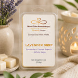 Lavender Drift Luxury Soy Wax Melts by Nurse Calm Aromatherapy featuring lavender, ocean breeze, and white sage fragrance notes in premium clamshell packaging.