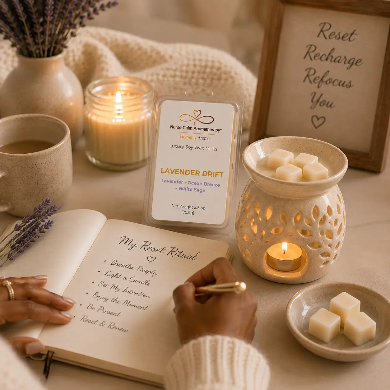 Lavender Drift Luxury Soy Wax Melts displayed during a calming Reset Ritual with journaling, candlelight, a ceramic wax warmer, and relaxing surroundings.