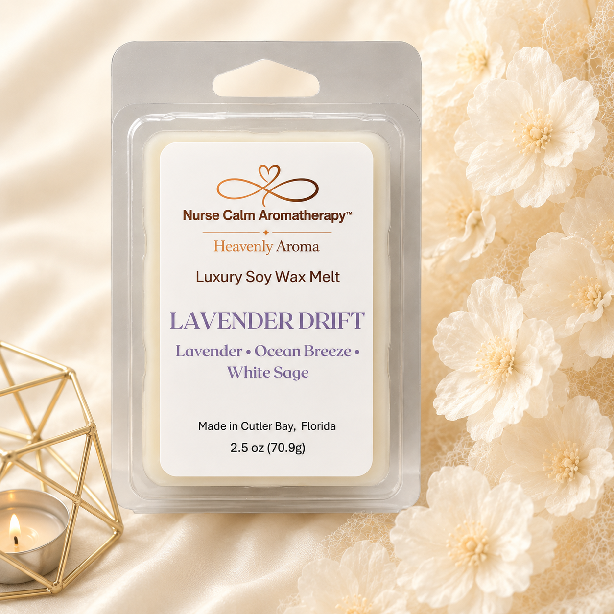 Nurse Calm Aromatherapy lavender wax melt packaging with flowers and candle in the background