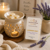Lavender Drift Luxury Soy Wax Melts melting in a ceramic wax warmer, creating a relaxing spa atmosphere with soothing botanical fragrance.