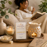 Peaceful wellness scene featuring Lavender Drift Luxury Soy Wax Melts, soft blankets, tea, and cozy spa-inspired home décor.